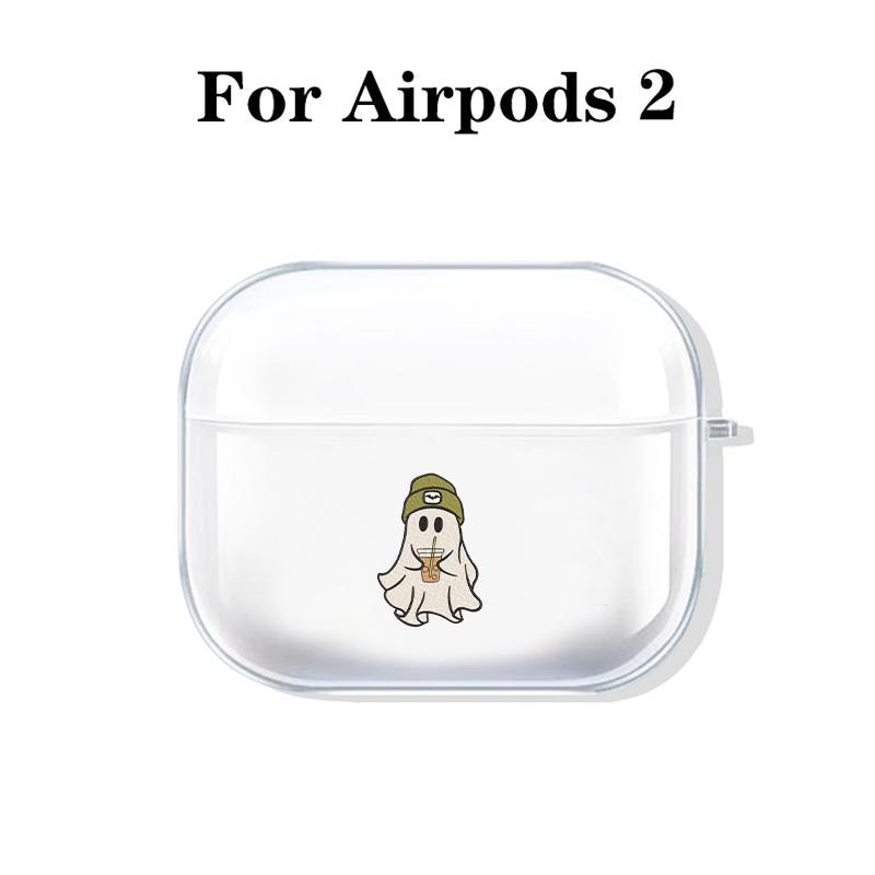 Cute Ghost with Drink Minimalist Design Earphones Case with Hiking Buckle, Shockproof, Anti-Fall TPU Cover for AirPods 1 2, 3, Pro, Pro2, Perfect Gift for Birthday, Girlfriend, Boyfriend, Friend or Yourself