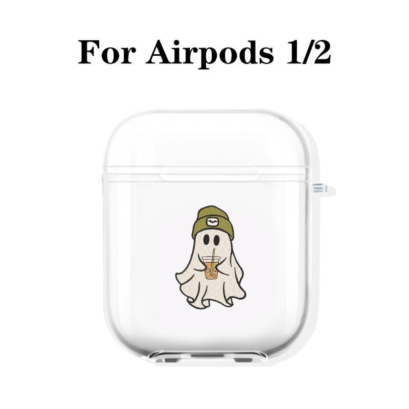 Cute Ghost with Drink Minimalist Design Earphones Case with Hiking Buckle, Shockproof, Anti-Fall TPU Cover for AirPods 1 2, 3, Pro, Pro2, Perfect Gift for Birthday, Girlfriend, Boyfriend, Friend or Yourself