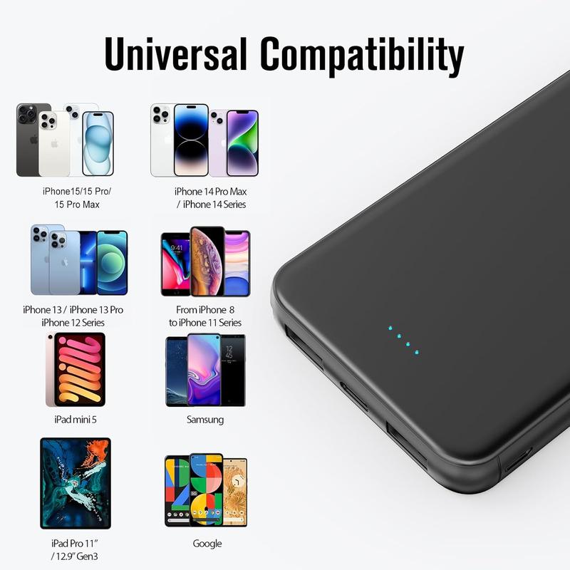 Portable Charger Power Bank, 3A Fast Charging 10000mAh External Battery, 3-Ports USB-C in&Out Battery Pack for iPhone 15 14 13 12 Series, Samsung, Phones and More(Black)