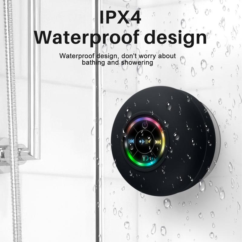 Mini Bluetooth Shower Speaker with LED light, Portable IPX4 Waterproof, Hands-Free Speakerphone Rechargeable, Wireless Stereo for Beach, Shower & Home