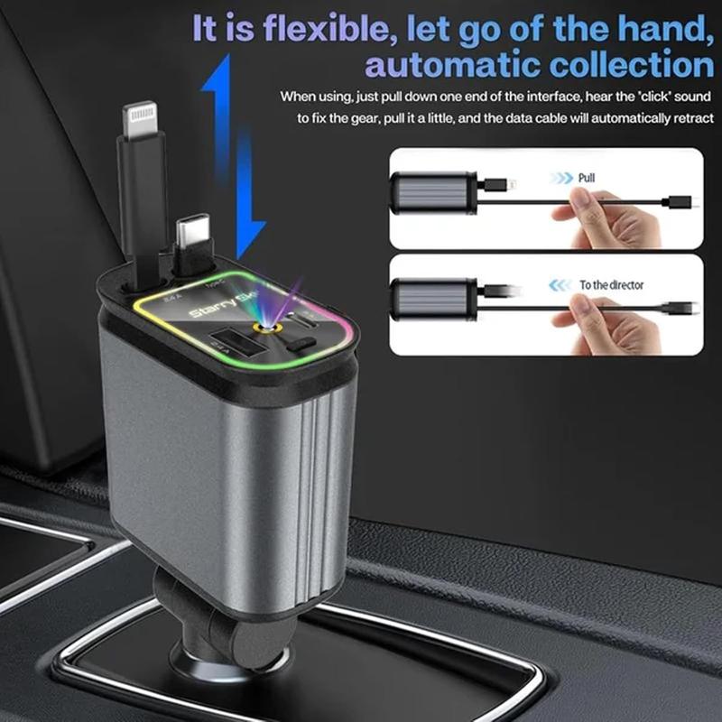 LASATE 4-in-1 Retractable Car Charger with Starlight Roof, Quick Charge with Lightning and Dual Charger Ports for iPhone Android iPad Cell Phones Starry Led Charging Starry Cellphone Electronic