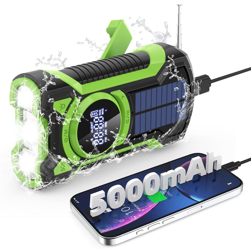 Solar Powered 5000mAh Radio, Waterproof Emergency Radio with Solar Panel, Portable Hand Crank Radio with Power Bank Function for Outdoor Camping Hiking