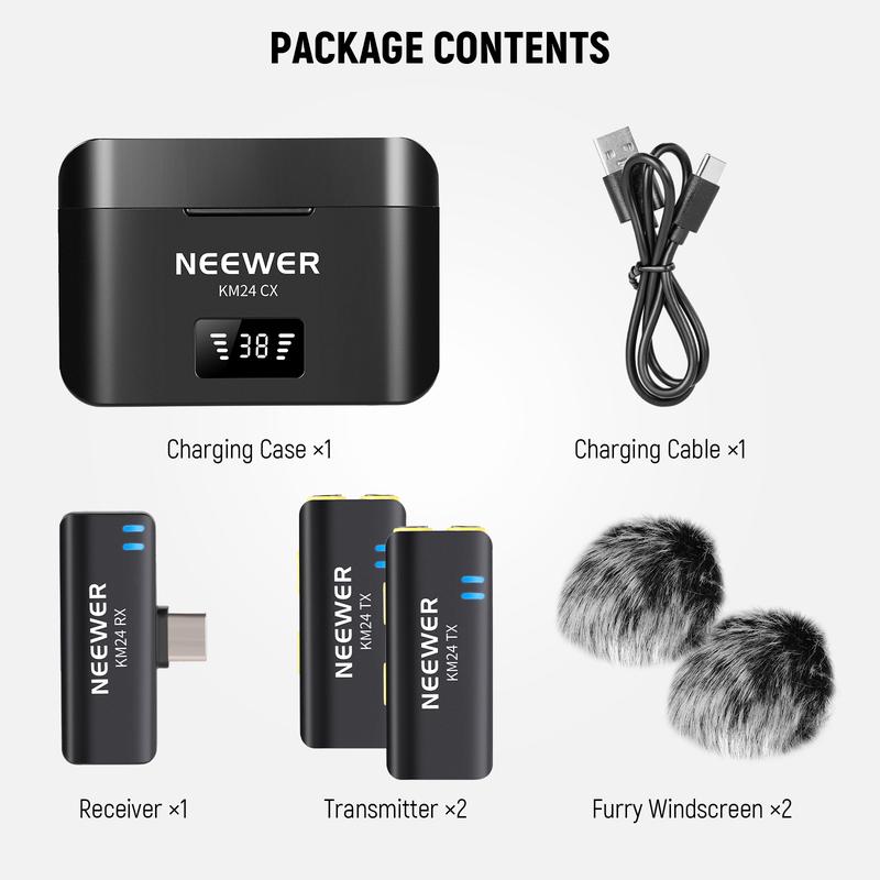 NEEWER KM24 Wireless Lavalier Microphone Kit for iPhone 16 15 Android Phones with Type C