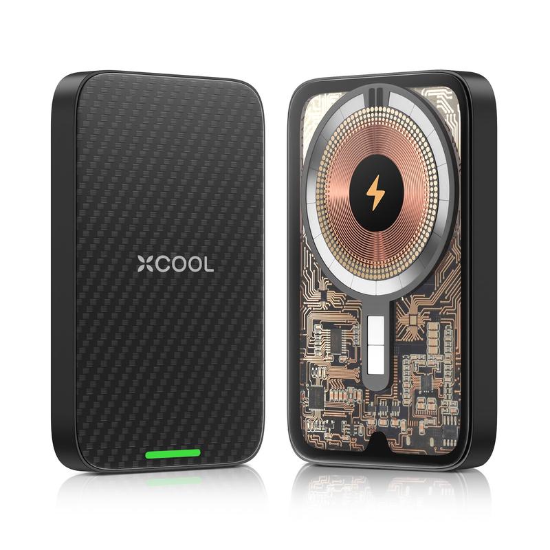 xCool Magnetic Phone Charger, 5,000mAh Ultra-slim Magnetic Power Bank, Magnetic Portable Charger with USB-C Cable and Kickstand, Battery Pack Compatible with iPhone 15 14 13 12, Transparent Black Kevlar Black Charging Smartphone Cellphone