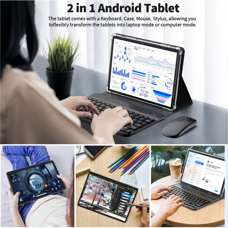 PYNAREL 10.1inch 12(6+6)GB+128GB, 1TB Expand, Octa Core, 2 in 1 Android Tablet with Keyboard, with Case, Mouse, Stylus, 2.4G 5G WiFi, GMS Certified