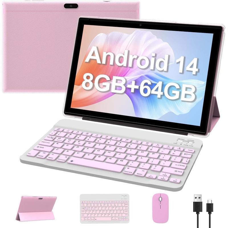 Tablet 10.1 Inch Android 14.0 OS, 2 in 1 Tablets, 64GB ROM+8GB RAM, 8MP Camera, Quad-core Processor, 6000mAh Battery, 1280*800 FHD, Include Keyboard, Mouse, Case, Stylus