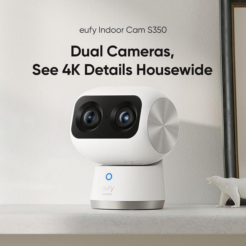 eufy Security Indoor Cam S350, Dual Cameras, 4K UHD Resolution Security Camera with 8× Zoom and 360° PTZ, Human Pet AI, Ideal for Baby Monitor Pet Camera Home Security, Dual-Band Wi-Fi 6, Plug in