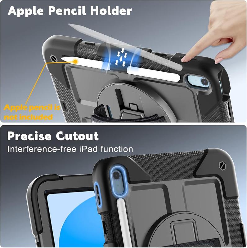 Case for iPad 10th Generation Case 10.9 inch 2022 - with Screen Protector, 360 Rotating Stand & Pencil Holder & Hand & Shoulder Strap Shockproof iPad 10th Generation Case (iPad 10th Gen), Black