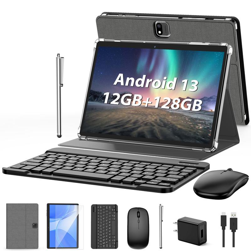 PYNAREL 10.1inch 12(6+6)GB+128GB, 1TB Expand, Octa Core, 2 in 1 Android Tablet with Keyboard, with Case, Mouse, Stylus, 2.4G 5G WiFi, GMS Certified