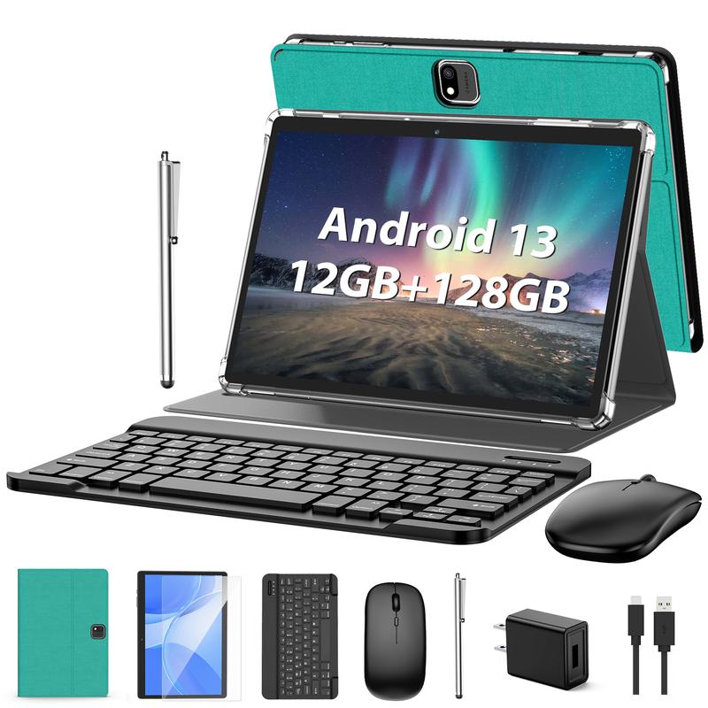 PYNAREL 10.1inch 12(6+6)GB+128GB, 1TB Expand, Octa Core, 2 in 1 Android Tablet with Keyboard, with Case, Mouse, Stylus, 2.4G 5G WiFi, GMS Certified