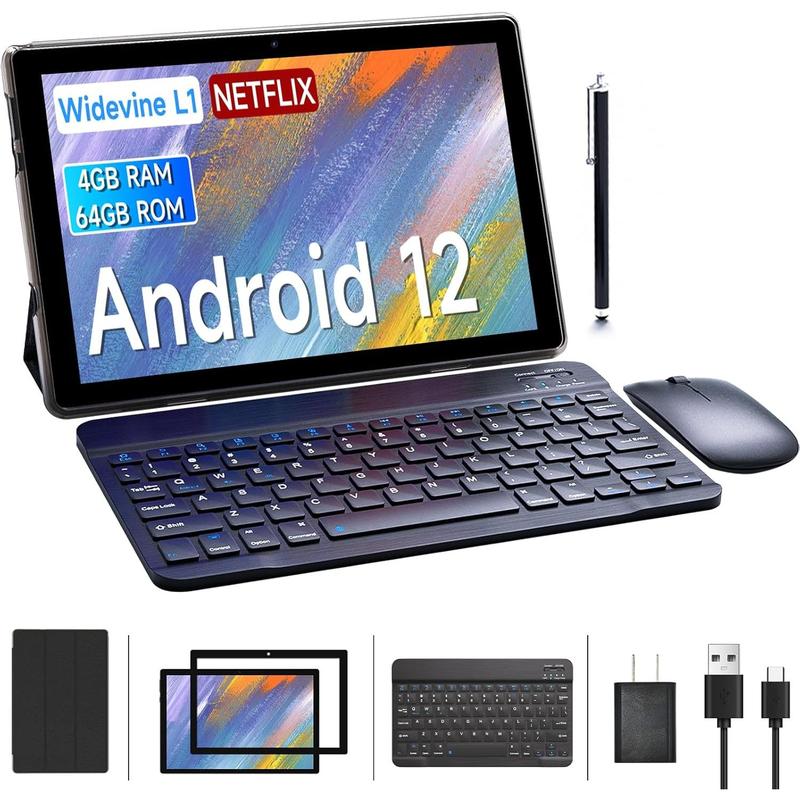 2024 Newest Android 12 Tablets 10 Inch, 2 in 1 Tablet, Tablet with Keyboard Case, 4GB+64GB ROM 512GB Computer Tablets, Quad Core, HD Touch Screen, Dual Carema, Games, Wi-Fi, BT, Google GMS Black