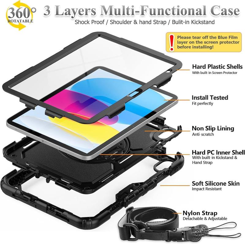 Case for iPad 10th Generation Case 10.9 inch 2022 - with Screen Protector, 360 Rotating Stand & Pencil Holder & Hand & Shoulder Strap Shockproof iPad 10th Generation Case (iPad 10th Gen), Black