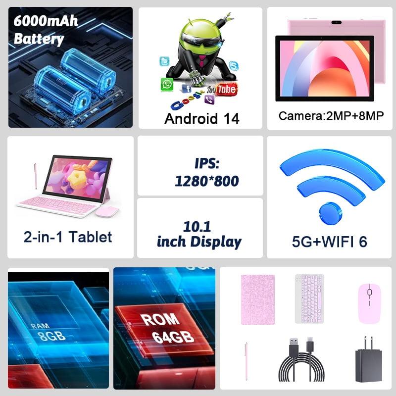 Tablet 10.1 Inch Android 14.0 OS, 2 in 1 Tablets, 64GB ROM+8GB RAM, 8MP Camera, Quad-core Processor, 6000mAh Battery, 1280*800 FHD, Include Keyboard, Mouse, Case, Stylus