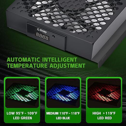 G-STORY Xbox Series S Cooling Fan. Automatic temp-adjustable fan speed, LED display. High-performance, low noise. 3 speeds: 1500 1750 2000RPM (140MM). RGB LED accessories button. Console accessory with portable design. Comes with cable. Smartphone