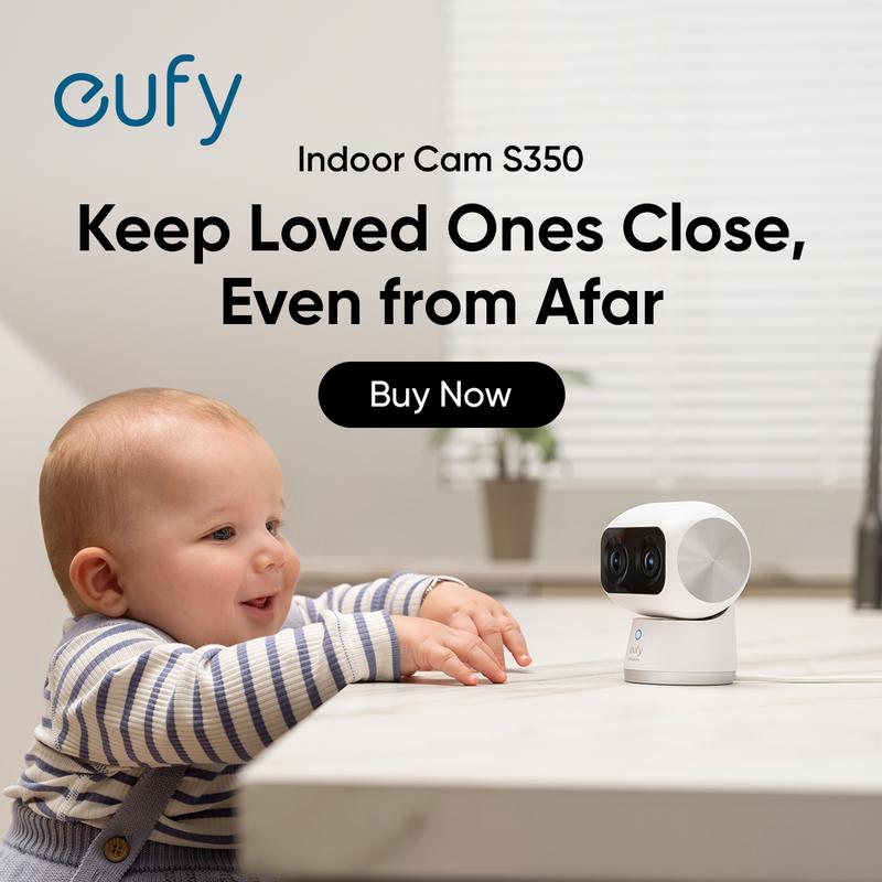 eufy Security Indoor Cam S350, Dual Cameras, 4K UHD Resolution Security Camera with 8× Zoom and 360° PTZ, Human Pet AI, Ideal for Baby Monitor Pet Camera Home Security, Dual-Band Wi-Fi 6, Plug in