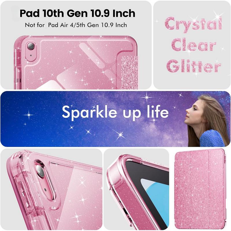 Compatible with Pad 10th Generation Case, Pad Case 10th Generation 10.9 Inch, Cute Glitter Cover with Sparkly Clear Back, Pencil Holder, Anti-yellowing, Rose Pink