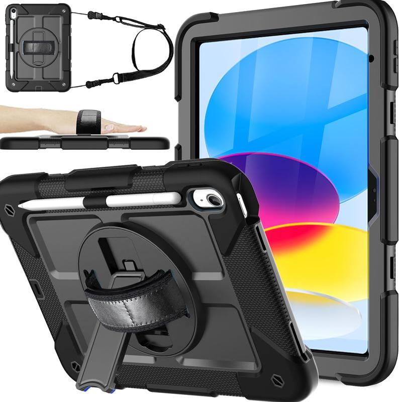 Case for iPad 10th Generation Case 10.9 inch 2022 - with Screen Protector, 360 Rotating Stand & Pencil Holder & Hand & Shoulder Strap Shockproof iPad 10th Generation Case (iPad 10th Gen), Black