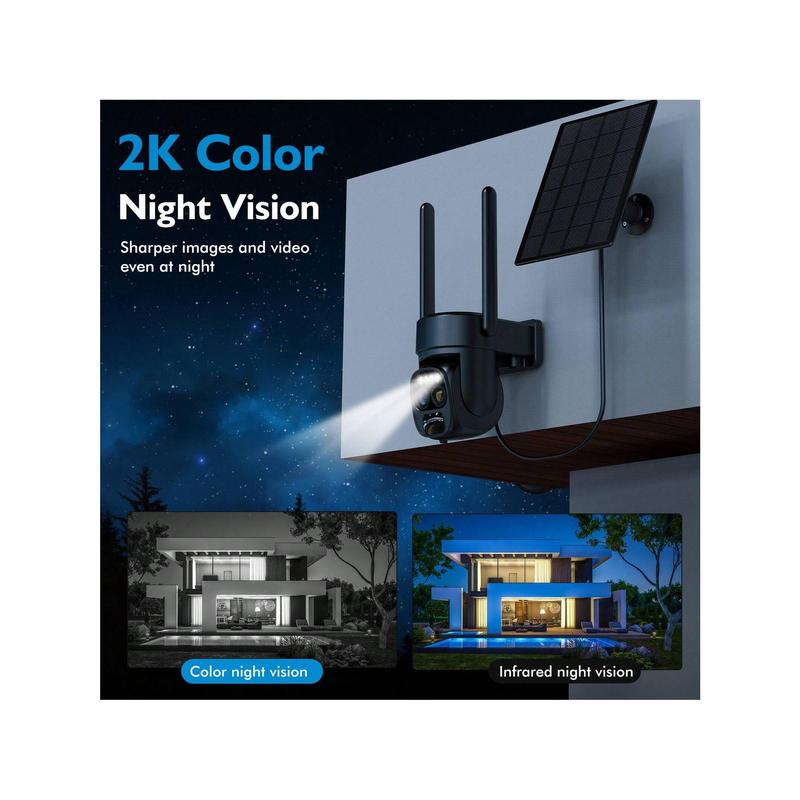 [10x Zoom] 2K Low-Power CCTV Solar-Powered Wireless Outdoor Security Camera, 360° Pan Tilt, Color Night Vision, PIR Motion Detection, Spotlight & Siren Two-Way Audio And IP66 Waterproof