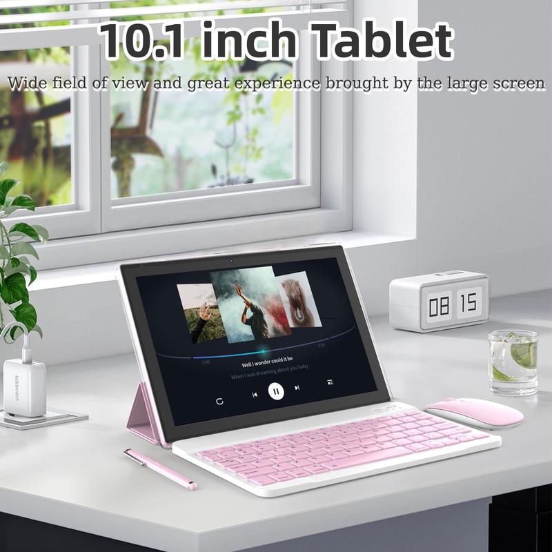 Tablet 10.1 Inch Android 14.0 OS, 2 in 1 Tablets, 64GB ROM+8GB RAM, 8MP Camera, Quad-core Processor, 6000mAh Battery, 1280*800 FHD, Include Keyboard, Mouse, Case, Stylus