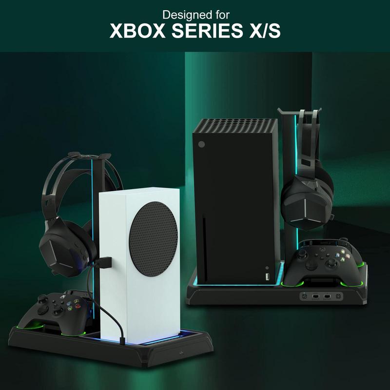 Vertical Cooling Stand for Xbox Series X S Console With Controller Charger Station Dock,  Atmospheric Lighting , Game Storage Organizer And Headset Hanger,Game Accessories Kit, Multi-Function Charging Stand，game Accessories Smartphone