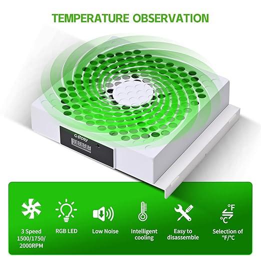 G-STORY Xbox Series S Cooling Fan. Automatic temp-adjustable fan speed, LED display. High-performance, low noise. 3 speeds: 1500 1750 2000RPM (140MM). RGB LED accessories button. Console accessory with portable design. Comes with cable. Smartphone