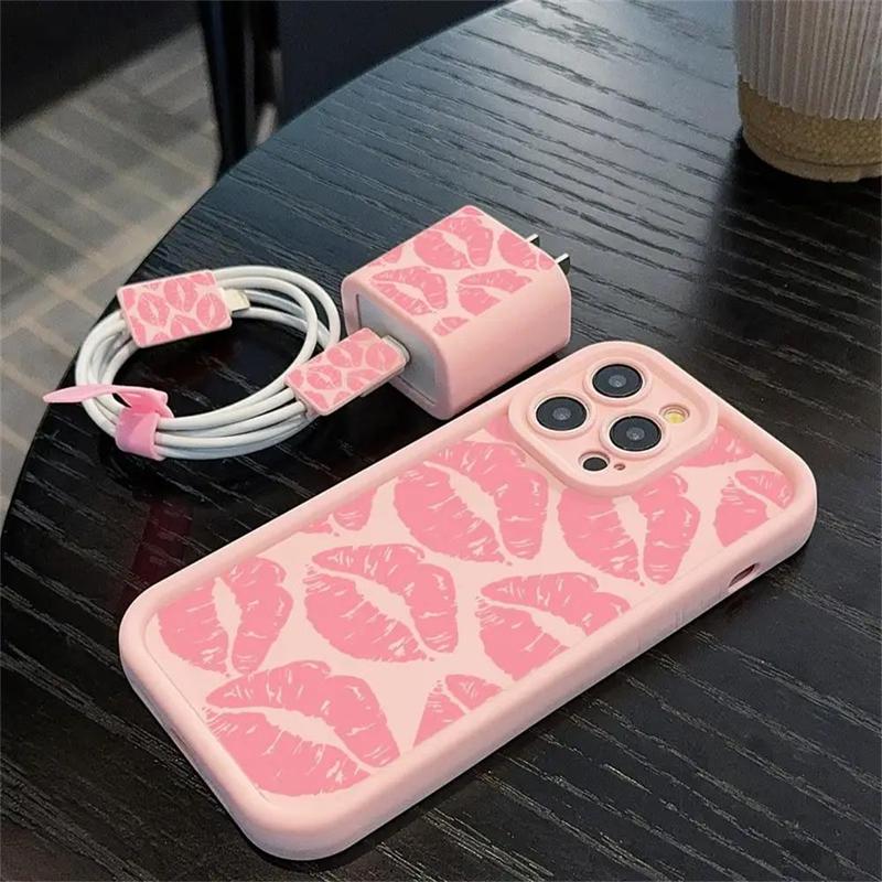 Lip Print Phone Case with Charger Saver Cover (5 Counts set), Fashion Phone Protective Cover, Phone Accessories for iPhone 11 12 13 14 15 16 Pro Max