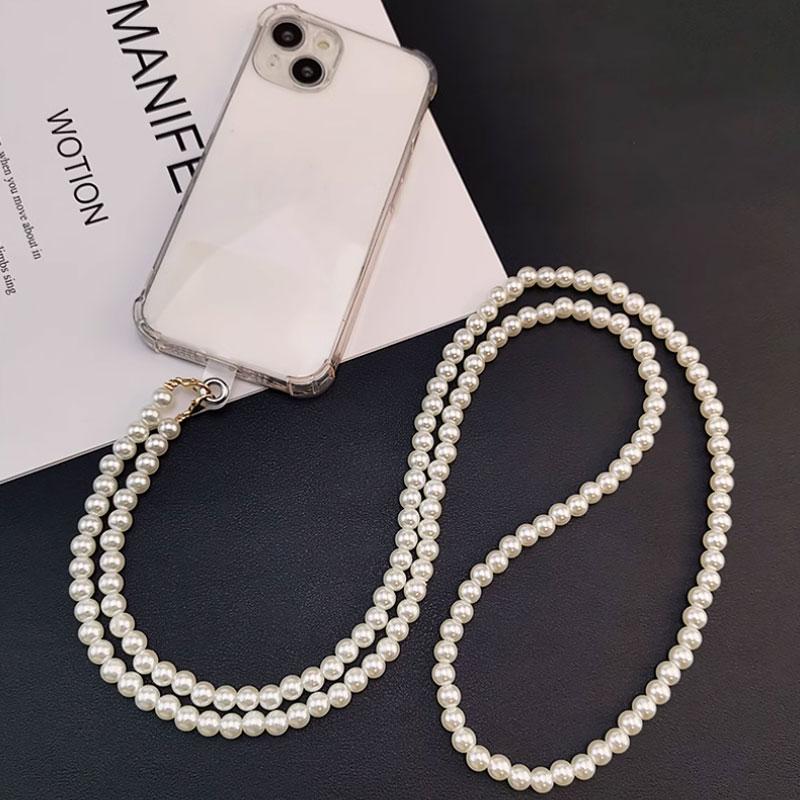 Fashionable Artificial Pearl Decor Phone Chain with Phone Patch, DIY Handmade Braided Phone Lanyard, Phone Strap for Women & Girls