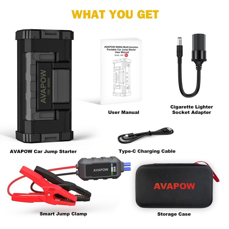 AVAPOW 6000A Car Battery Jump Starter ；Power bank； Dual USB Quick Charge ;DC Output；12V Jump Pack with Built-in LED Bright Light. The price after platform discounts is the lowest possible purchase price, with the final amount based on actual payment.