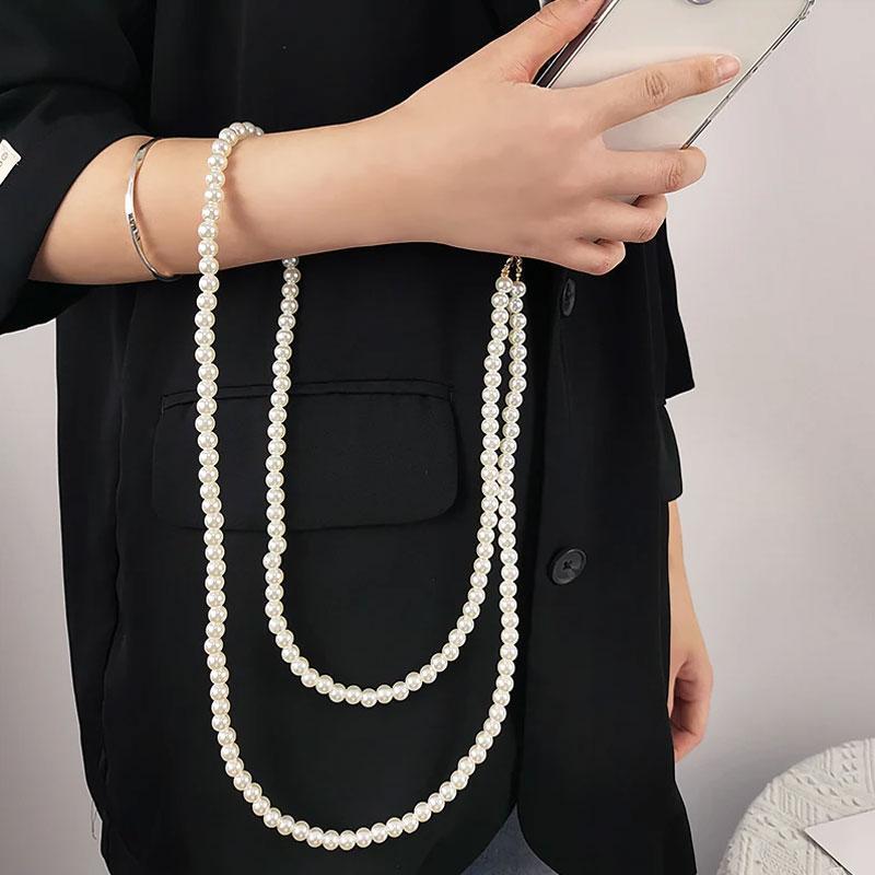 Fashionable Artificial Pearl Decor Phone Chain with Phone Patch, DIY Handmade Braided Phone Lanyard, Phone Strap for Women & Girls