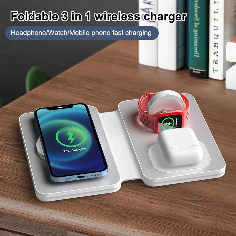 15W Wireless Charger, Foldable 3 in 1 Travel Wireless Charger, Magnetic Fast Charging Compatible with iPhone 14 13 12, AirPods 2 3 Pro, Apple Watch