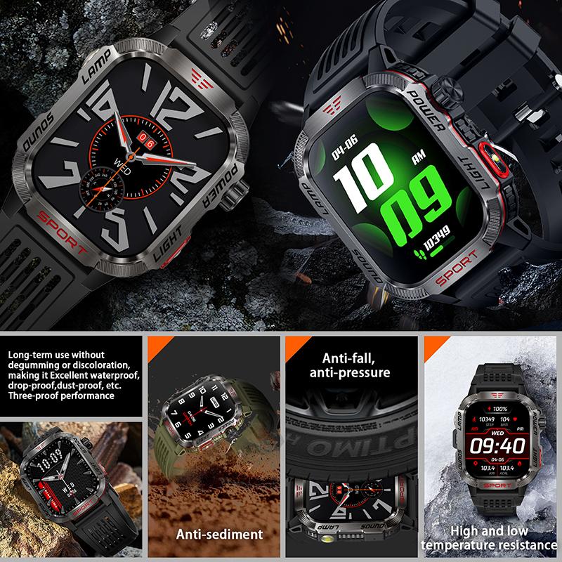 Rugged Military Smartwatch for Men - LED Flashlight, Compass, 2.01” HD Display, Long Battery Life, 24 7 Health Monitoring, 100+ Sports Modes & Fitness Tracker