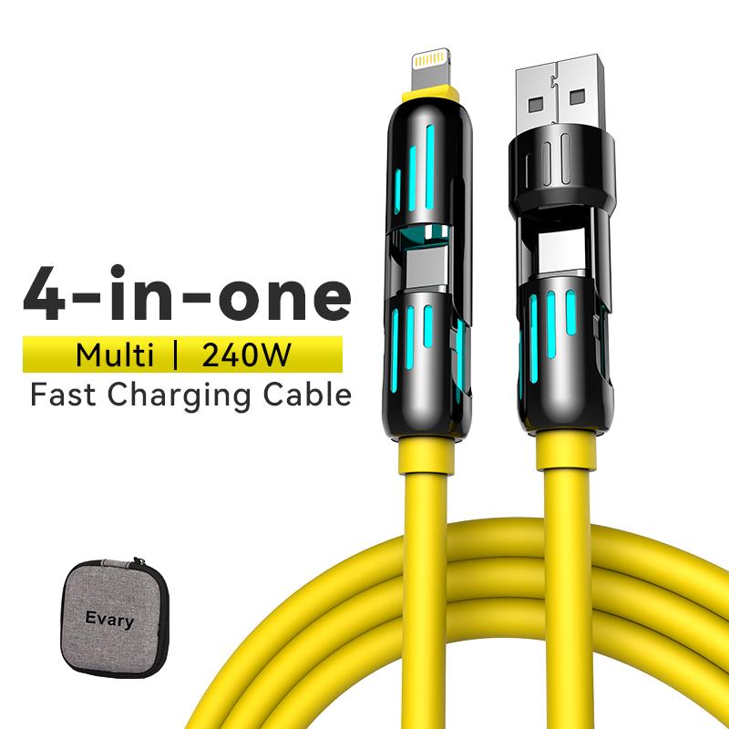 4 in 1 USB charging cable (+free storage bag). Evary FastCharge MAX 240WVUSBA+TYPE C+Lightning for iPhone16 15Samsung Galaxy, Android Aesthetic Led