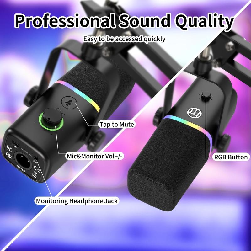 ZEALSOUND USB Dynamic Microphone, RGB Light Microphone with Mute Button & Mic Gain, Portable Microphone for Gaming Podcast, Suitable for Arm Stand