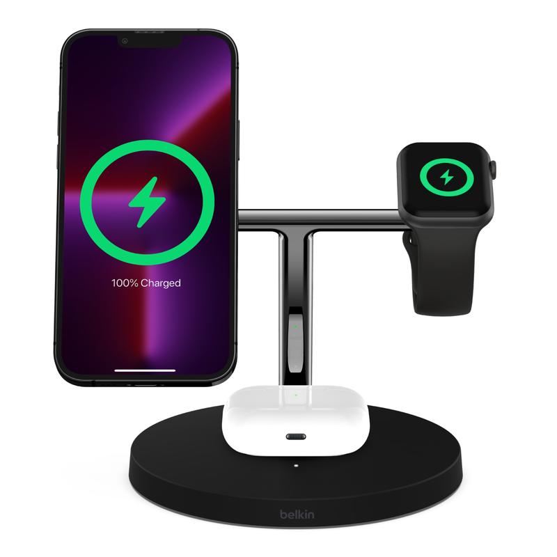 Belkin BoostCharge Pro 3-in-1 Wireless Charger Stand, Official MagSafe Wireless Charging Station, 15W Fast Wireless Charging, 33% Faster Charging for Apple Watch, iPhone 15, iPhone 14, iPhone 13 Series, AirPods, Black & White.