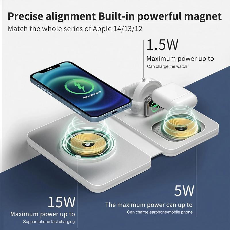 15W Wireless Charger, Foldable 3 in 1 Travel Wireless Charger, Magnetic Fast Charging Compatible with iPhone 14 13 12, AirPods 2 3 Pro, Apple Watch