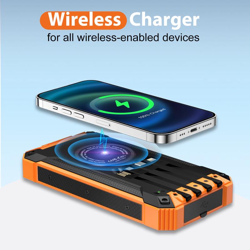 36000mAh Solar Charger Power Bank Wireless Charger Built in 4 Cables 6 Outputs, 18W Fast Charging Power Bank for All Mobile Devices with Dual Flashlights