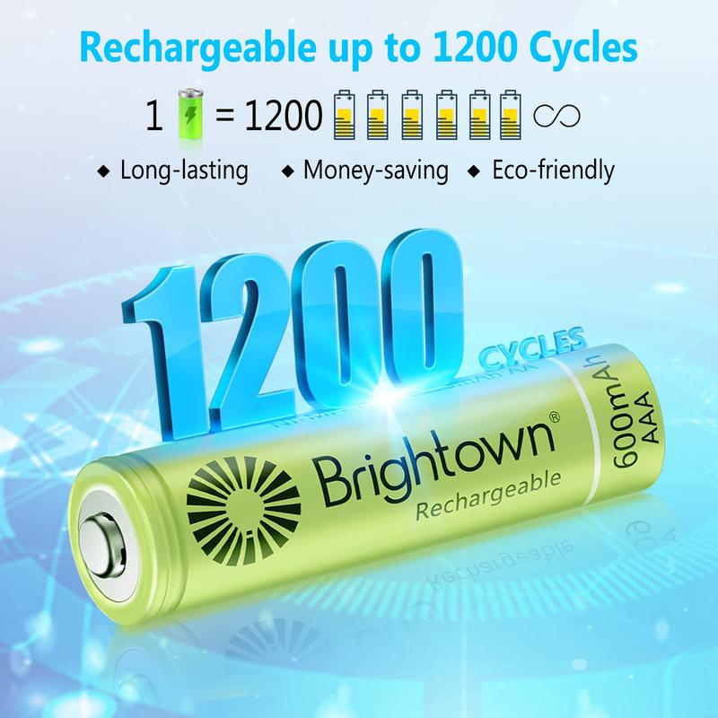 Brightown 12-Pack Rechargeable AAA Batteries, 600mAh NiMH Precharged Triple A Solar Batteries for Solar Lights and Household Devices, Low-self Discharge, Up to 1200 Cycle Times, UL Certified, 1.2V