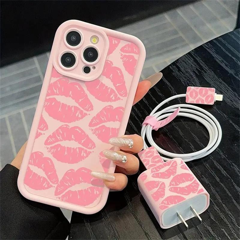 Lip Print Phone Case with Charger Saver Cover (5 Counts set), Fashion Phone Protective Cover, Phone Accessories for iPhone 11 12 13 14 15 16 Pro Max