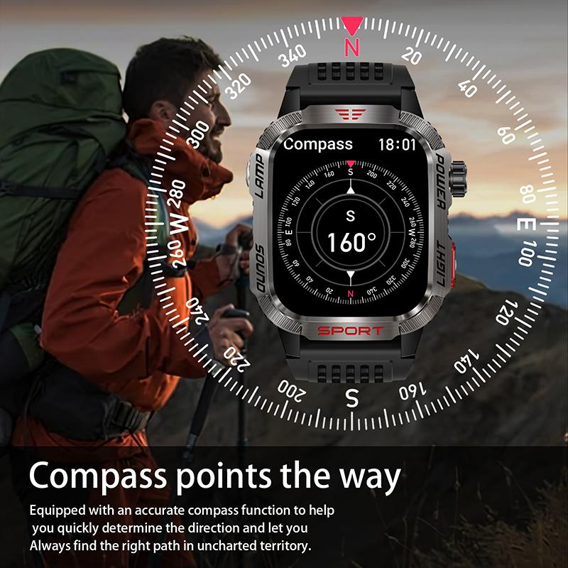 Rugged Military Smartwatch for Men - LED Flashlight, Compass, 2.01” HD Display, Long Battery Life, 24 7 Health Monitoring, 100+ Sports Modes & Fitness Tracker