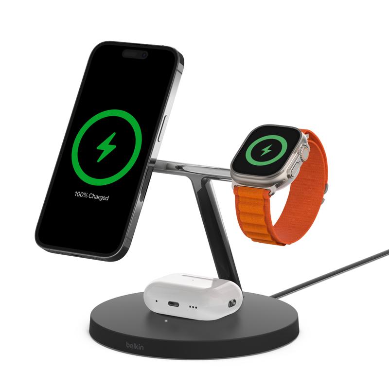 Belkin BoostCharge Pro 3-in-1 Wireless Charger Stand, Official MagSafe Wireless Charging Station, 15W Fast Wireless Charging, 33% Faster Charging for Apple Watch, iPhone 15, iPhone 14, iPhone 13 Series, AirPods, Black & White.