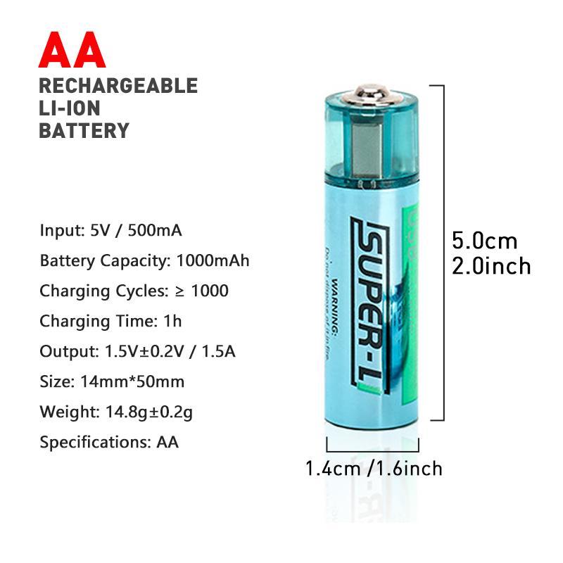 USB Rechargeable Battery for Electronics, Lithium 1.5V 1000mAh AA Type Battery, All-Purpose Household Replacement Battery for Home & Office Use, Music Festival Supplies