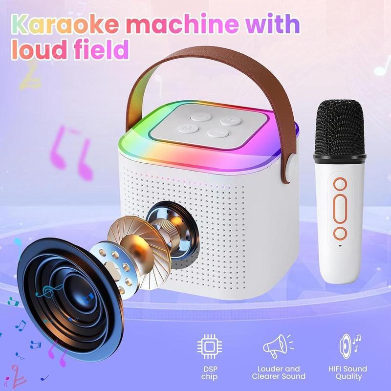 Mini Karaoke Machine for Kids, Portable Bluetooth Karaoke Speaker with Colorful RGB Lights, Bluetooth Singing Speaker with 2 Wireless Microphones, Christmas Birthday Gifts for Girls Boys for Home Party (White)