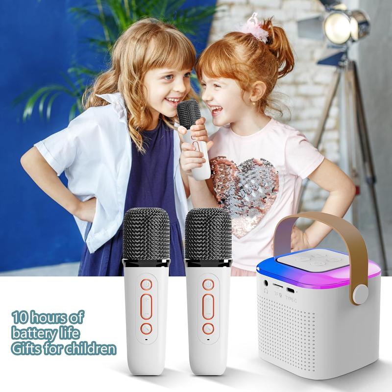 Mini Karaoke Machine for Kids, Portable Bluetooth Karaoke Speaker with Colorful RGB Lights, Bluetooth Singing Speaker with 2 Wireless Microphones, Christmas Birthday Gifts for Girls Boys for Home Party (White)