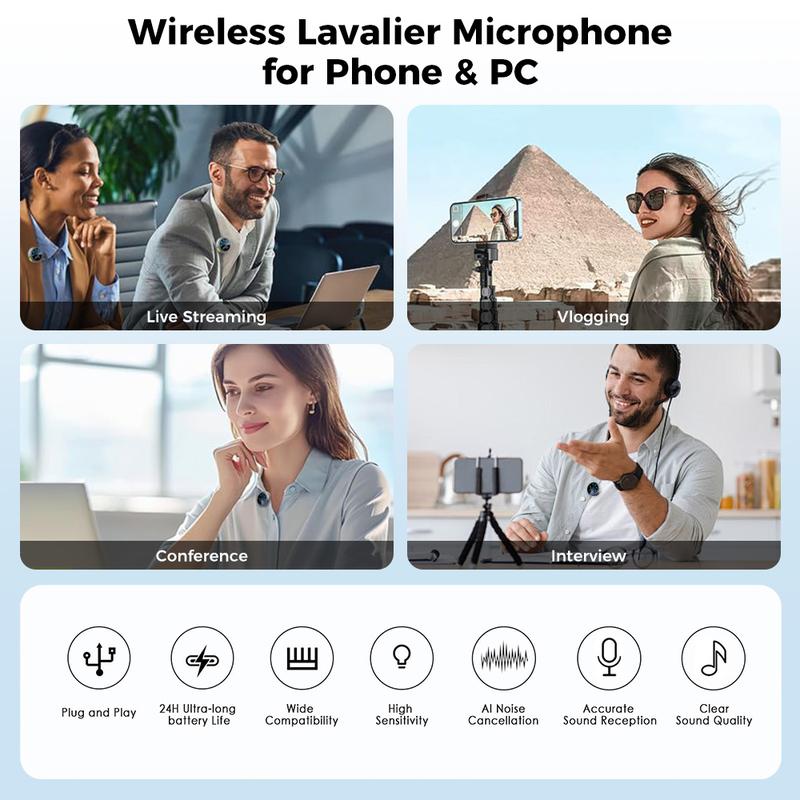 Wireless Lavalier Microphone for iPhone Android Camera PC Laptop,30H Battery Life, 1000ft Range, Noise Cancellation, Button Size Lapel Microphone for iPhone iPad Video Recording Streaming YouTube