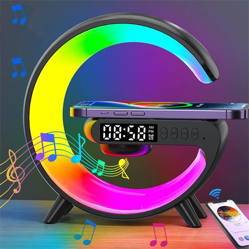 2025 New RGB Night Light Lamp Multifunctional Wireless Audio Speaker, Multifunctional Wireless Speaker with Alarm Clock, Wireless Charger Station for Smartphone