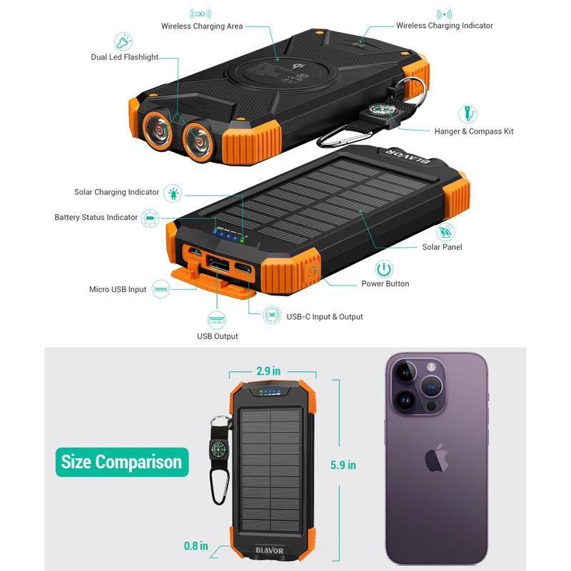 BLAVOR Solar Charger Power Bank, Portable Wireless Charger, 20Watts Fast Charging External Battery Pack with USB C for Cell Phones, Solar Panel Charger with Dual Flashlight for Camping