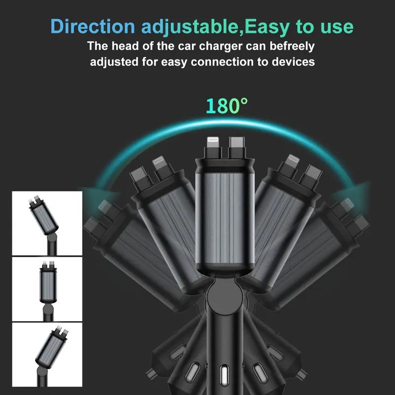 4 in 1 Retractable Car Charger with Starlight, Fast Car Phone Charger, Retractable Car Charger with Dual Ports, Compatible with iPhone double type c