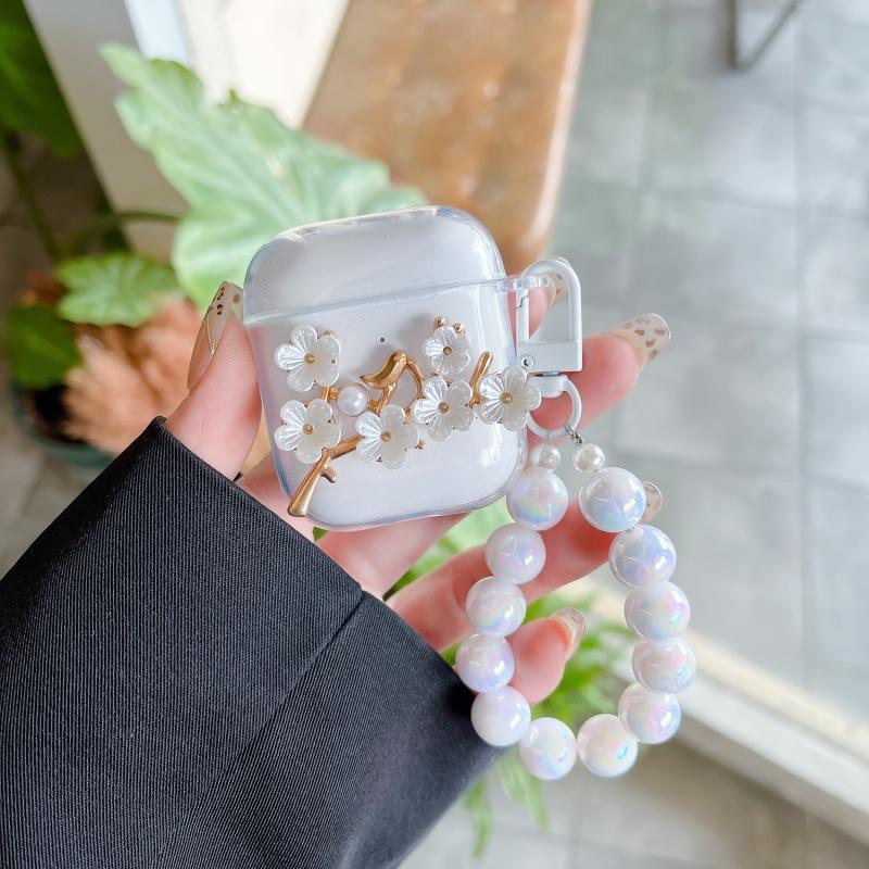 Clear Flower Design Earphone Case with Artificial Pearl Chain, Earphone Protective Cover, Earphone Accessories Compatible with AirPods 4 3 2 1