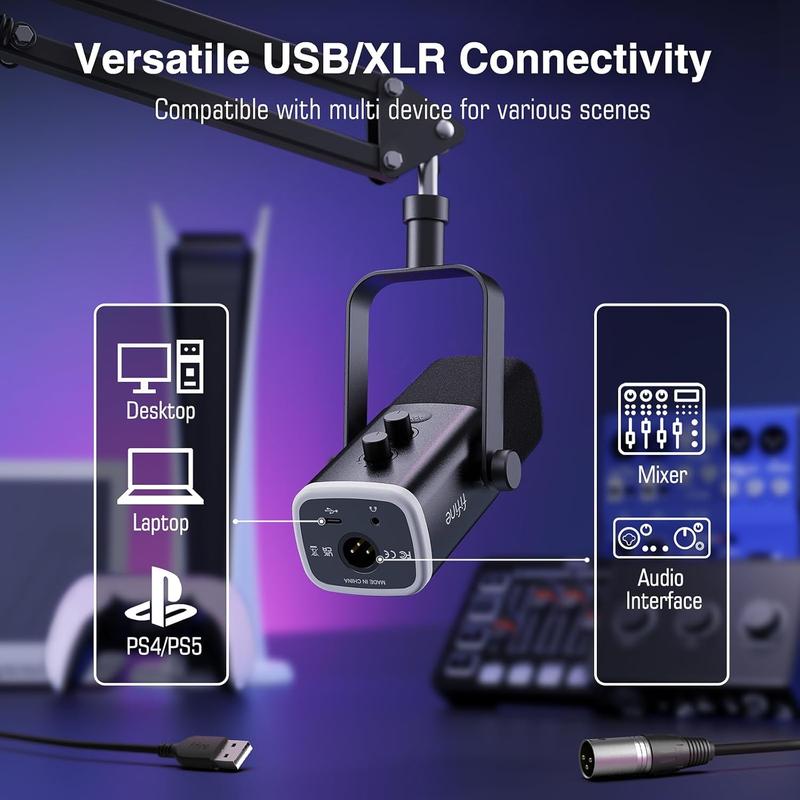 XLR USB Gaming Microphone Set for Streaming and Podcasting, Dynamic PC Mic Kit with Boom Arm, Mute Button, Headphone Jack, Ideal for Vocal Recording and Voice-Over.