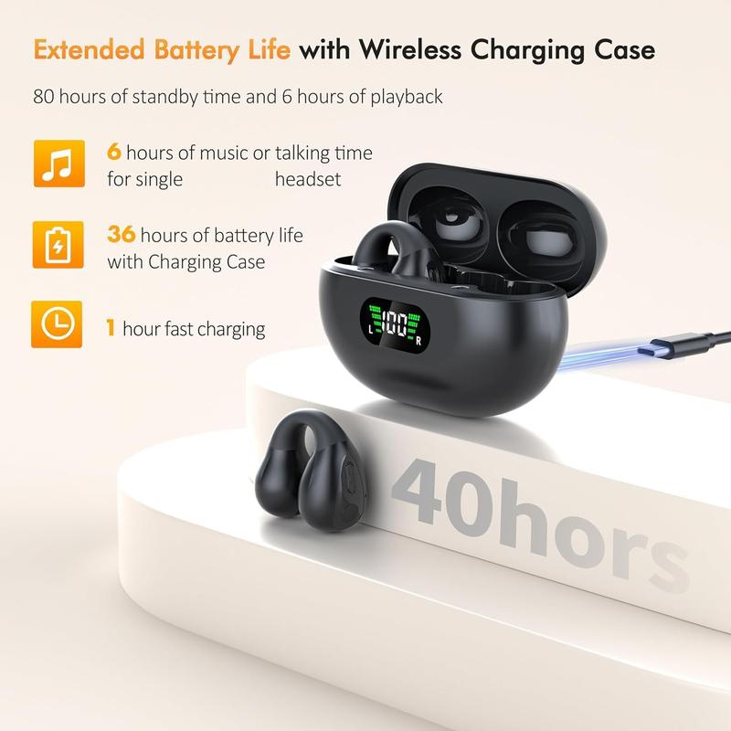 Open ear bone conduction headphone clip on headphones, wireless headphones 5.3 with LED display charging case 60 hours playback time Earbud Electronic